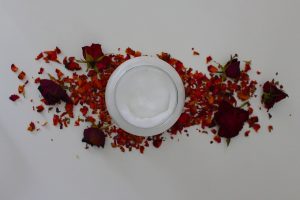 face cream, jar, rose petals